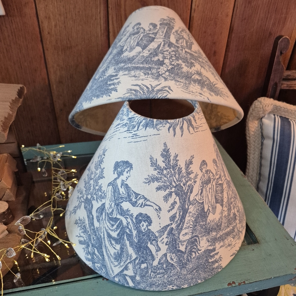 2 Vintage French Toile De Jouy Empire Cream Blue Fabric Country Lamp Shades